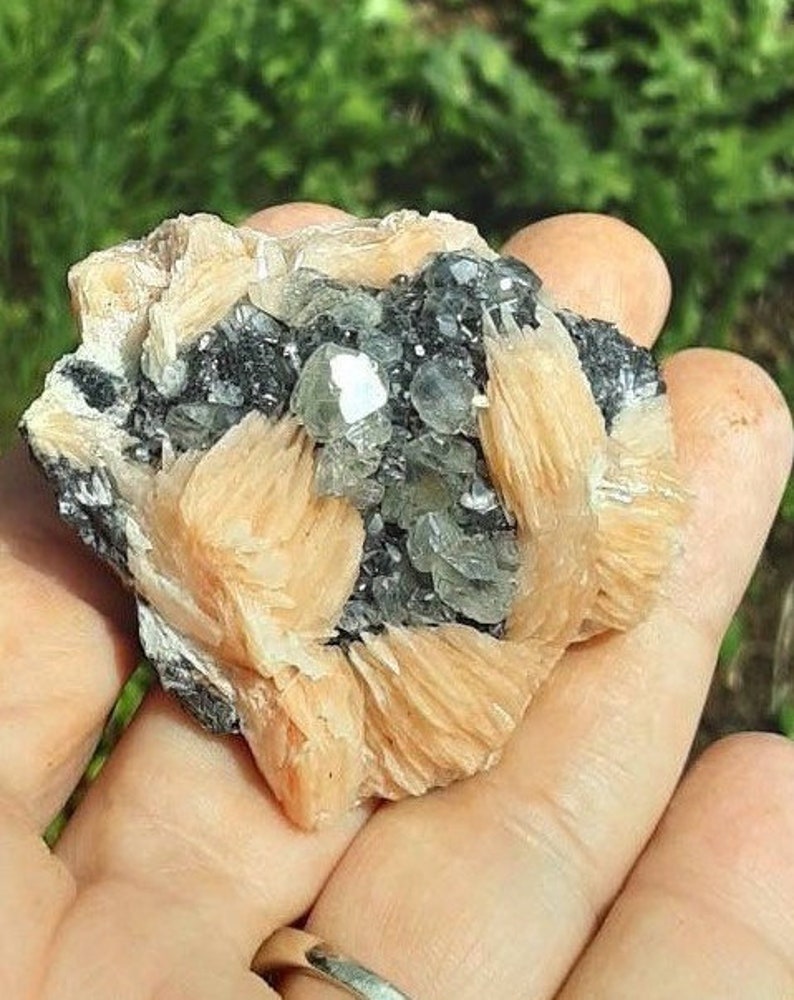 May include: A cluster of light brown barite crystals with green and black inclusions. The crystals are arranged in a fan-like shape and have a smooth, polished surface.