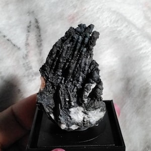 May include: A black, crystalline mineral specimen with a rough, textured surface. The mineral is displayed on a small, black square base.