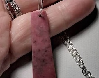 Pink Rhodonite Pendant Necklace, Silver Chain (18 inch)