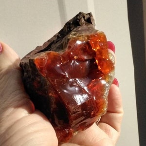 May include: A large, rough piece of red opal with a shiny, translucent surface. The opal is embedded in a dark brown matrix.
