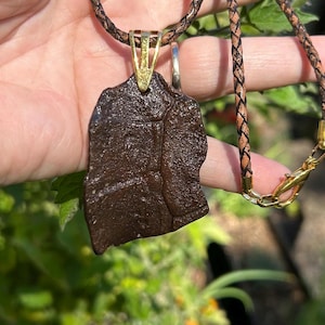 May include: A dark brown pendant necklace with a textured, rectangular stone. The pendant is suspended from a braided brown leather cord with gold-colored metal accents. The necklace is displayed against a blurred green background.