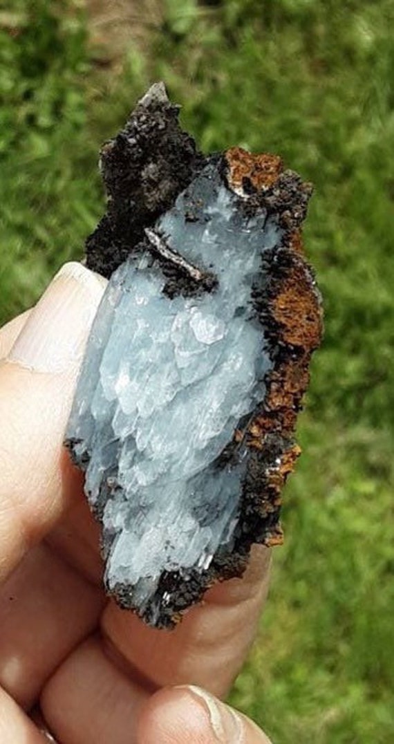 BLUE BARITE SPECIMEN With limonite and manganese oxide