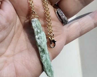 Green Kyanite Pendant Necklace, Gold Chain