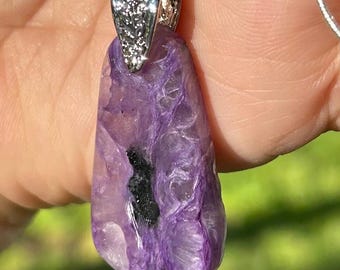 Purple Charoite Pendant Necklace, Silver Snake Chain (18")