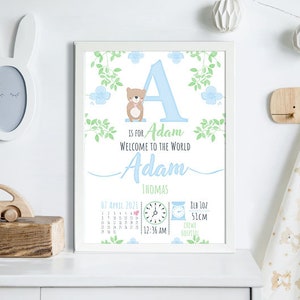 DOWNLOAD Custom Bear New Baby Birth Print Poster for Nursery, Bedroom and Playroom - Blue