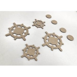 May include: Set of five wooden ship wheel cutouts in various sizes. The cutouts are unfinished and ready to be painted or stained.