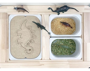 dino themed , sensory filling rice board , flisat ikea insert