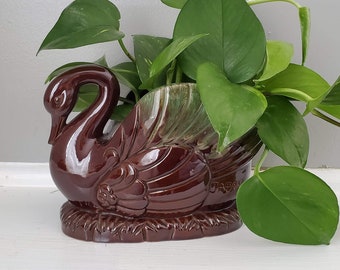 Brown and Green Glaze Japan Pottery Swan. Gorgeous Condition