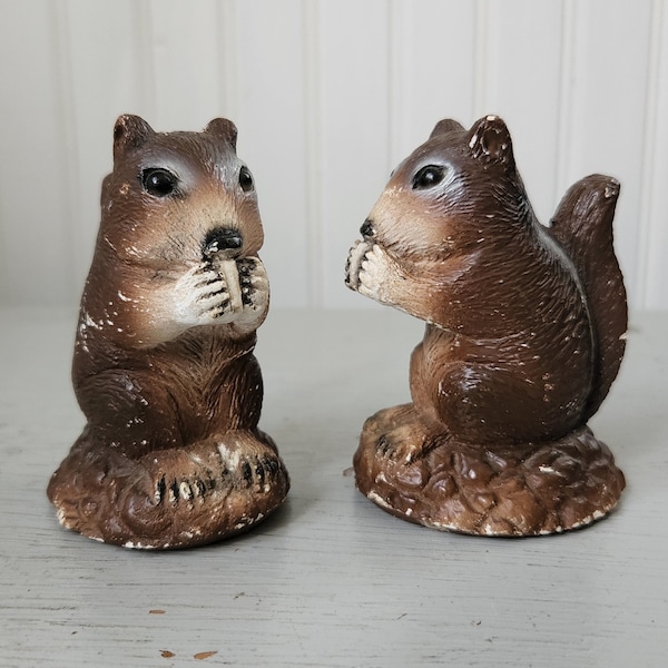 Shabby Pair of Adorable Vintage Squirrel Salt and Pepper Shakers - Lots of Scratches, Scuffs and Charm!