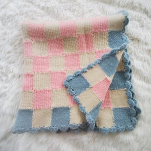 Vintage Crochet Pink and Blue Patchwork / Checker Board Pattern Baby Blanket - Measures 30" x 32"