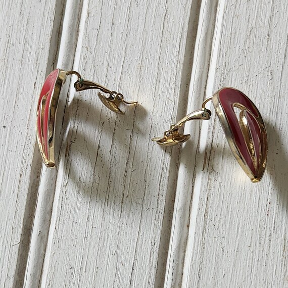 Red and Gold Trifari Enamel Clip Earrings - Summe… - image 2