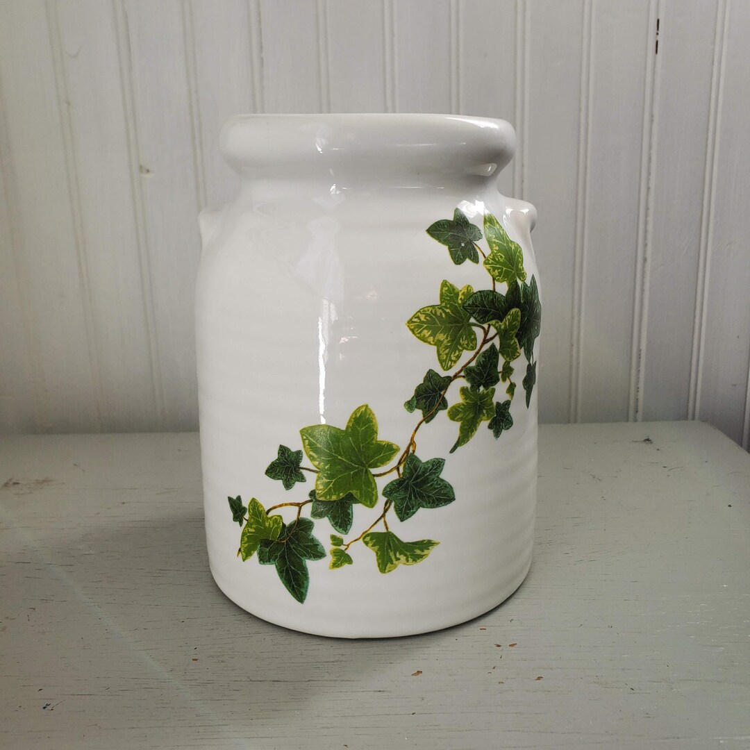 White Ceramic Milk Can Canister With Green Ivy Design Made by Harris