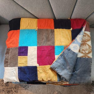 Vintage Farmhouse Patchwork Quilt-  Bright Colorful 1970s Corduroy Patches on Top- Faded and Worn Feed Sack Patches on Bottom - Large Size!