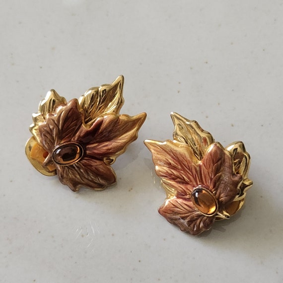 Vintage Mid Century Gold Tone and Amber Leaf Shap… - image 5