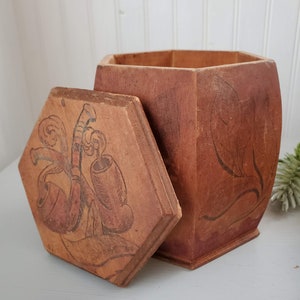 Vintage Hexagon Tobacco  Box with Lid- Painted in Red Tones- Stand 6 inchs tall - 6 Sides - Snuff Box / Humidor