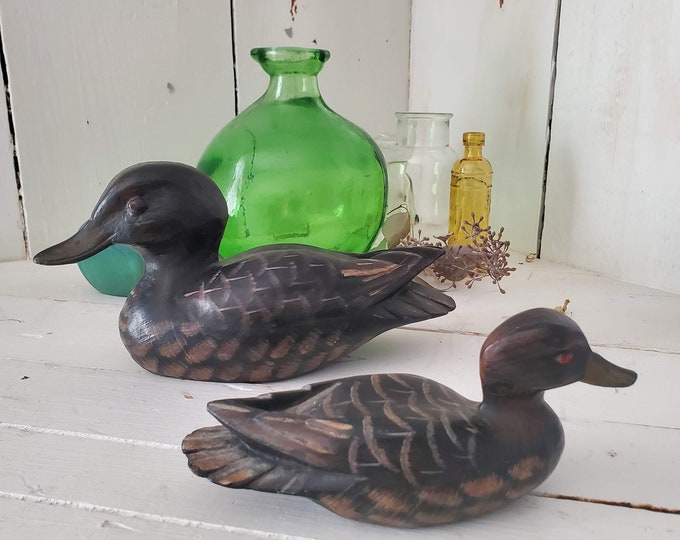 Pair of Carved Wooden Duck Decoys Parent and Baby Beautiful Folk Art