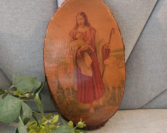 Vintage Jesus Wall Hanging - Wood Slice Decoupage - Christian Wall Art - Vintage Good Shepherd