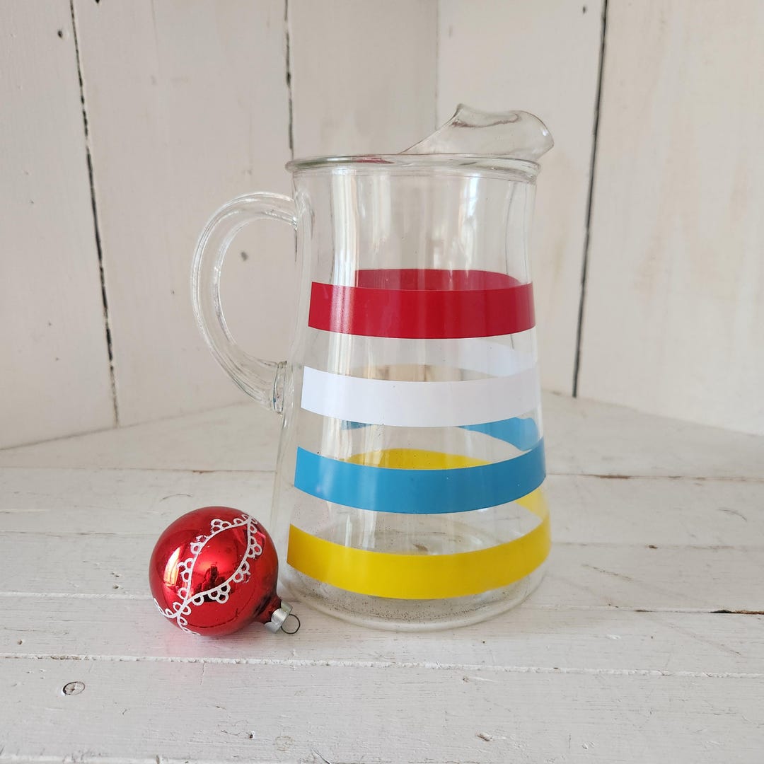 Color Pitcher Vintage Clear Glass Pitcher With Bold Primary Color Stripes - Etsy