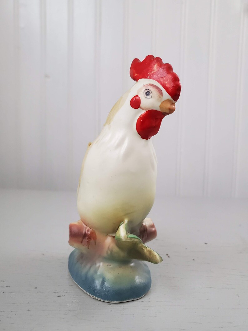 Vintage Enesco Japan Rooster with Real Feathers Beautiful Vintage Paint