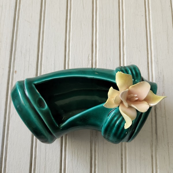 Beautiful Mid Century Ceramic Planter - Vibrant Green with Pale Flower - Unique Shape and Design- Shabby Chic!