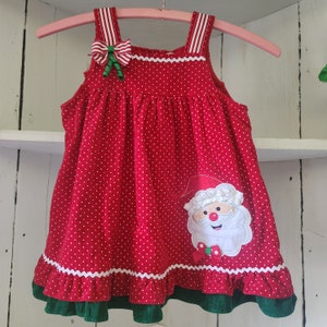 Vintage Corduroy Christmas Jumper - Size 24 Months - Red with Green Ruffle - Santa Claus Applique - Adorable! "Rare, Too"