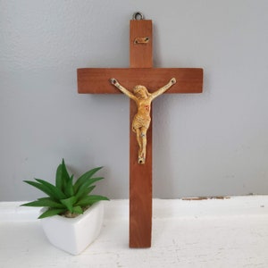 Wooden Cross / Crucifix with Worn Metal Jesus - Nice Size - Wonderful Vintage Look and Feel - Metal Loop for Hanging