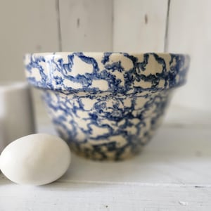 May include: A ceramic bowl with a blue and white pattern. The bowl has a wide rim and a rounded shape. An egg is next to the bowl. The bowl is likely used for mixing or serving food.