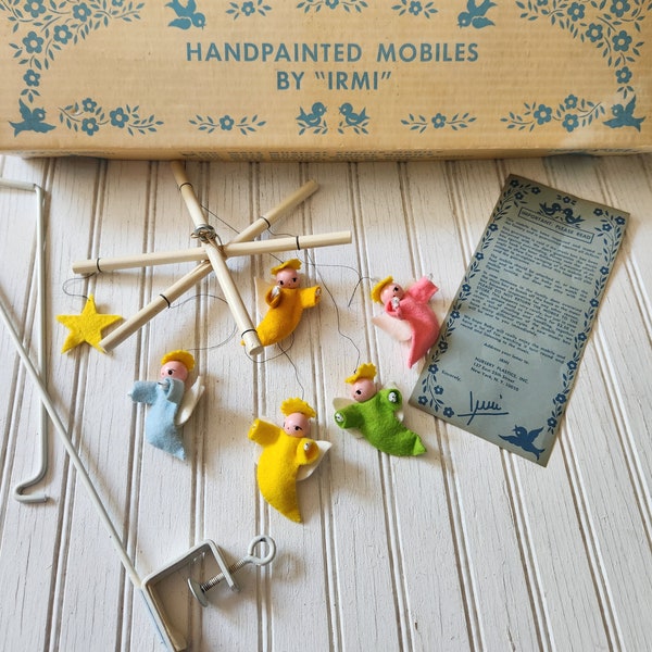Vintage Irmi Baby Crib Mobile - Felt Angels and Star - NO MUSIC BOX - Metal Holder/ Arm and Original Box Included