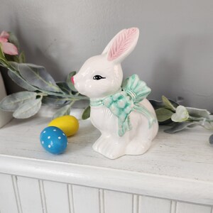 Vintage 1998 Bunny with Green Bow Figurine - Excellent Condition - Sweet Addition to your Spring Decor