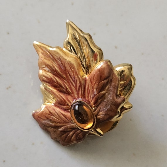 Vintage Mid Century Gold Tone and Amber Leaf Shap… - image 2