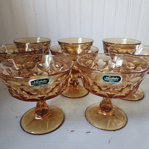 Set of 8 Noritake Perspective Amber Glass Champagne/Tall Sherbet Glasses 6 oz. Excellent Condition - Mid Century Bar and Table Setting