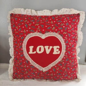 Vintage Love Pillow - Made in 1970s - Beige Eyelet and Red Chintz  Fabric - About 12&quot; Square