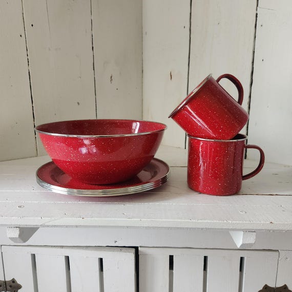 Vintage Red Enamelware Set: Picnic Camping Dishes Piece