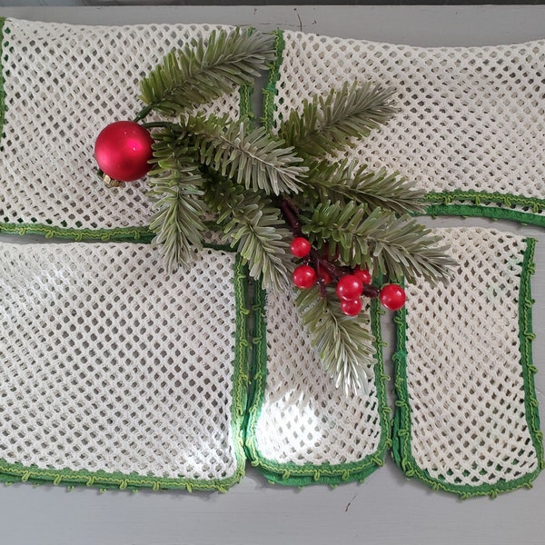 Set of Five Vintage Doilies for Chair, Couch or Table- White with Green Trim- Great Condition