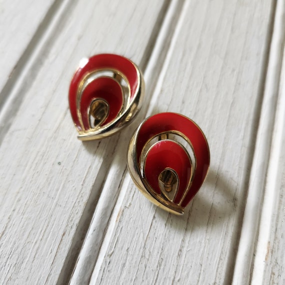 Red and Gold Trifari Enamel Clip Earrings - Summe… - image 1