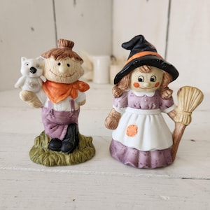 Vintage Witch and Scarecrow Ceramic Halloween Figurines - Brinn&#39;s Made in Taiwan  - Adorable Fall Decor