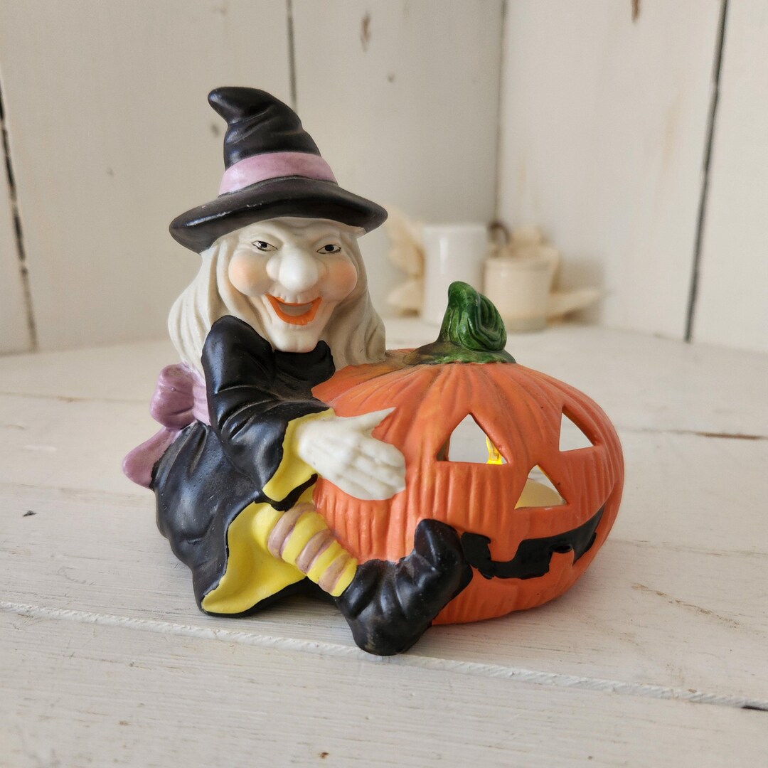 Vintage Witch and Jack O' Lantern Halloween Tea Light Candle Holder ...