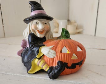 Vintage Witch and Jack O' Lantern Halloween Tea Light Candle Holder - Adorable Fall Decor