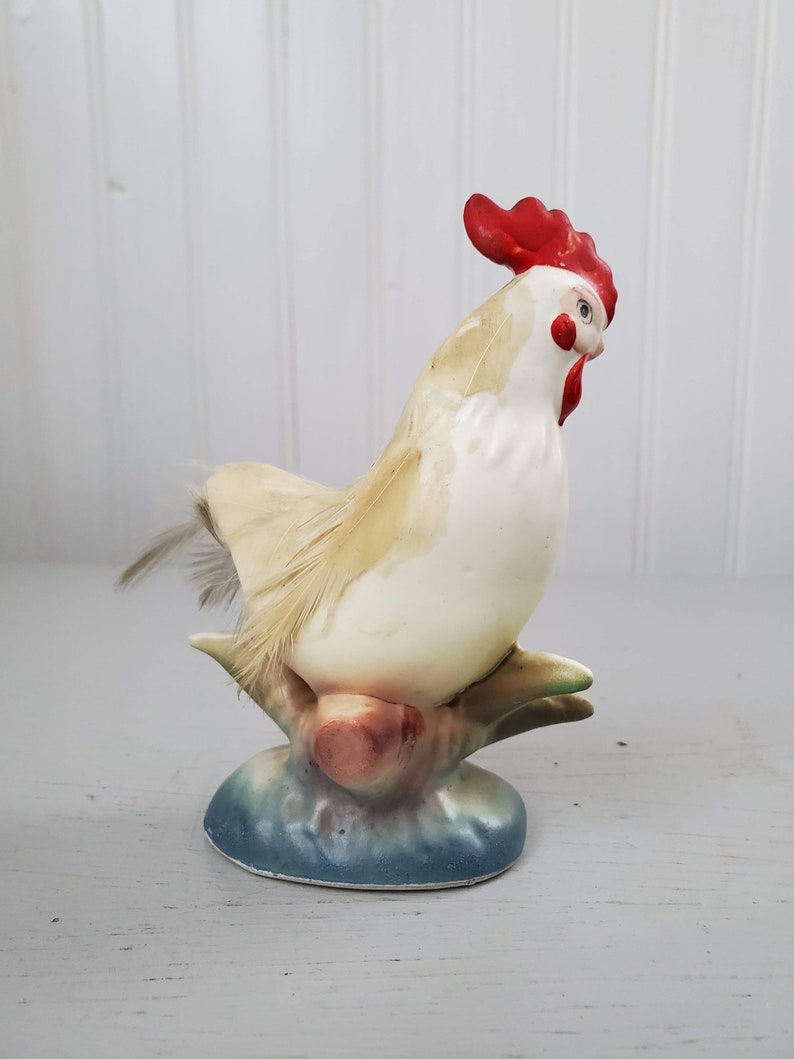 Vintage Enesco Japan Rooster with Real Feathers Beautiful Vintage Paint