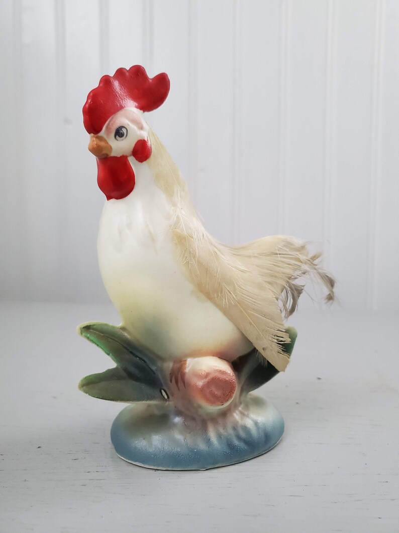 Vintage Enesco Japan Rooster with Real Feathers Beautiful Vintage Paint