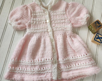 Vintage Pale Pink and White Knitted Baby Sweater with Short Puff Sleeves - Buttons Up the Front