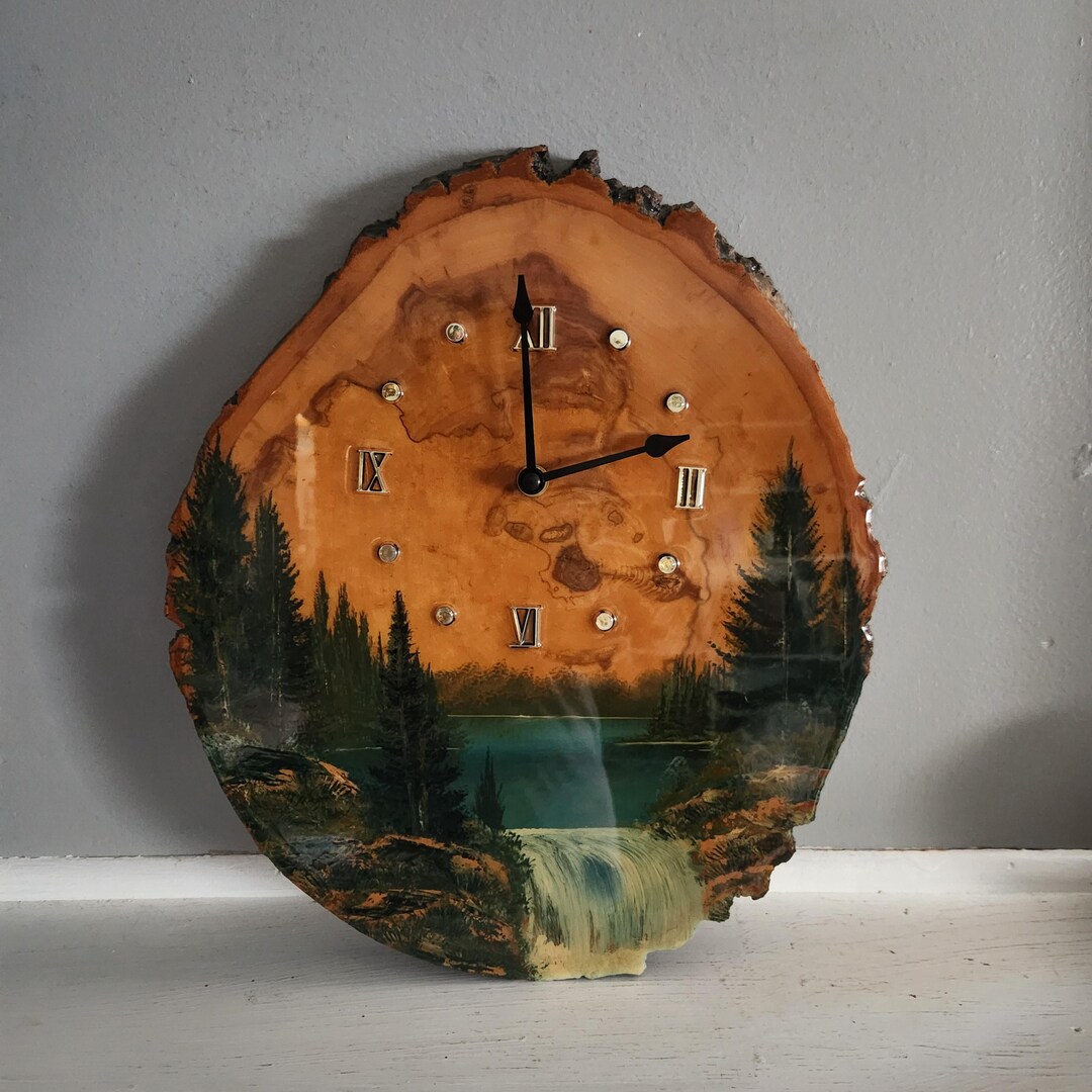 Vintage 1980s Handmade Live Edge Wood Slab Wall Clock With Water Fall ...
