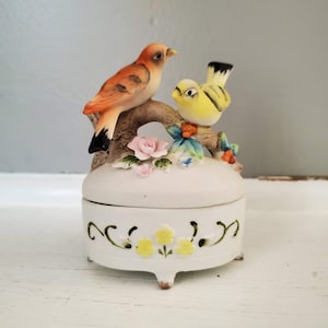 Porcelain Trinket/Jewelry Box with Beautiful Birds and Flowers on the Lid-Marked Japan - Perfect for Your Valentine!