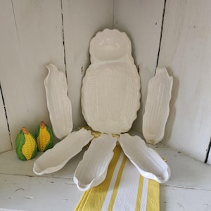 Vintage California Pottery Corn on the Cob Dishes and Large Platter -Set of Five Corn Cobs and One Large Platter -All White- USA