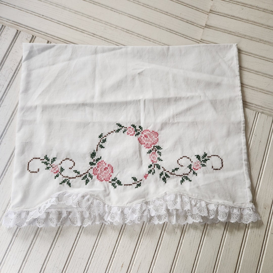 White Embroidered Pillowcase With Lace Trim Standard Pillow Etsy