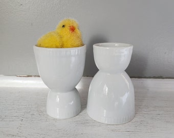 Vintage Ceramic / Pottery Egg Cups - Set of Two - White Minimalist Design - Cottage Core and Farmhouse Decor- Vintage Easter Decoration