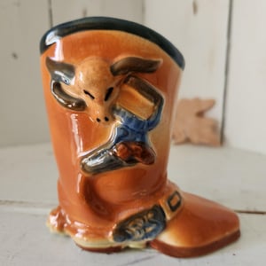 Vintage Ceramic Cowboy Western  Boot Planter / Vase - Golden Brown and Black - Excellent Condition Farmhouse, Country and Western Decor