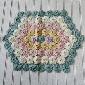 Small Vintage Yo Yo Quilt Placemat, Doily, Table Runner - Pastel Rosettes - Pale Green Backing 16&quot; Long and 12&quot; Wide
