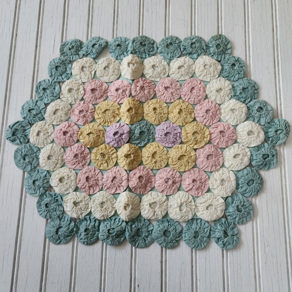 Small Vintage Yo Yo Quilt Placemat, Doily, Table Runner - Pastel Rosettes - Pale Green Backing 16" Long and 12" Wide