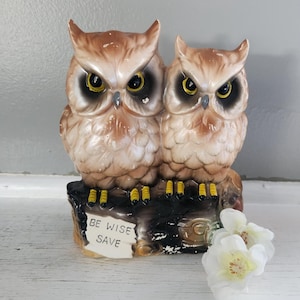 Vintage - Owl Bank - Piggy Bank - Two Owls - Be Wise Save - Chippy Paint Finish